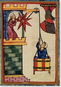 Amante medieval sendo içado numa cesta (ilustração do Codex Manesse do século XIV.